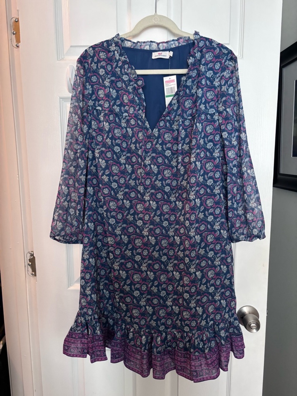 Vineyard Vines Navy Floral Long Sleeve Shift Dress with Purple Accents